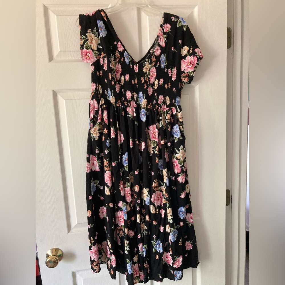 Black floral smocked midi dress